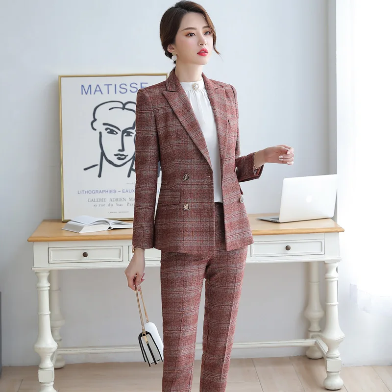 

IZICFLY New Style Autumn Plaid Formal woman suits With Trouser and blazer set Office Uniform Design Elegant Business pantsuit