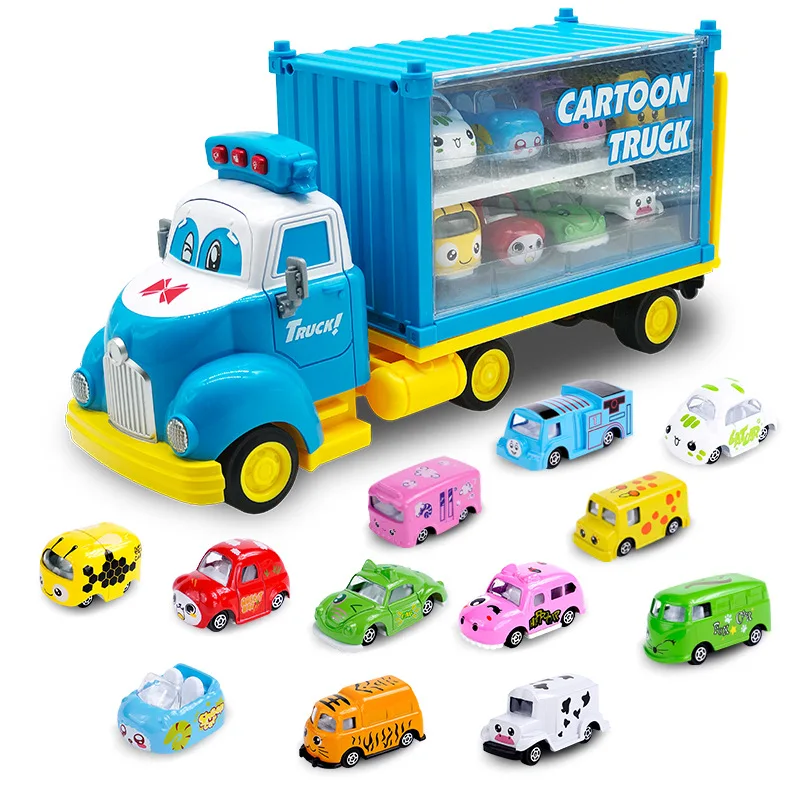 

New Products Mini Alloy Cartoon Storage Container a Big Eight Small Children Inertia Toy Car Model with Sound And Light Feature