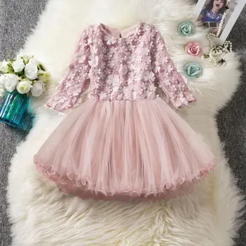

Kids Long Sleeve Tutu Dresses Girls Flower Appliques Princess Tulle Dress Baby Girls Party Wedding Dress Vestido Infantil