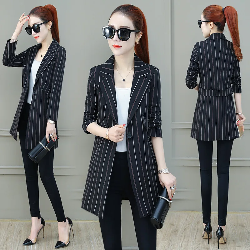 Модная одежда в стиле ретро; gestreepte; jasje vrouwelijke lente nieuwe lange sectie Slim herfst casual jasje wilde tij