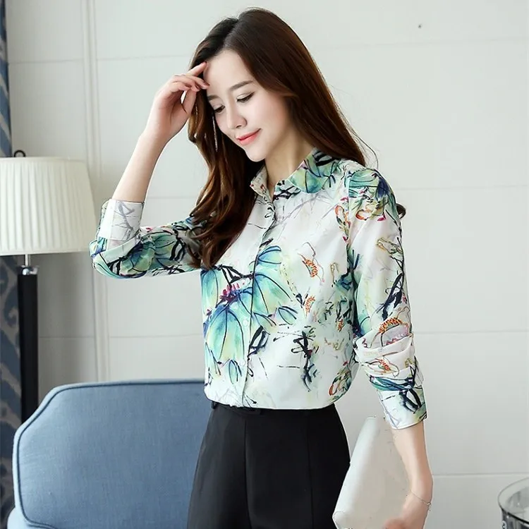 

Nice Tide Vogue Spring Summer Floral Print Chiffon Blouse Female Turn-Down Collar Long Sleeve Thin Shirts