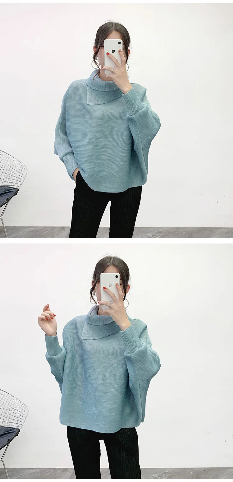 New Winter Plus Size Women Tshirt Solid Turn-down Collar Long Sleeves Bottoming Miyake Pleats Casual Loose Ladies Hoodies