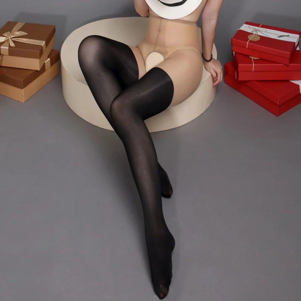 Collant à bretelles pour femme, faux collant brillant, taille haute, sans entrejambe