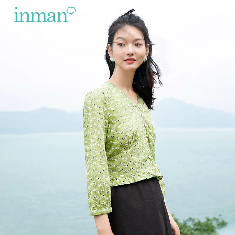 

INMAN Women's Green Blouse Elegant Causal Cotton Tunics Shirt Lace V-neck Hollow Embroidered Ruffle Hem Long Sleeve Female Top