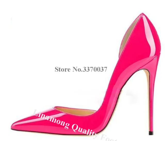 Linamong Sexy Patent Leather Pointed Toe Shallow Stiletto Heel Pumps 12cm Nude Black Shining High Heels Formal Dress Shoes 4