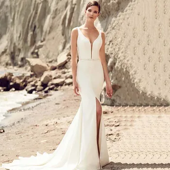 

Eightree Satin Mermaid Wedding Dresses Crystal Belt Trumpet Bride Dress V Neck Sleeveless Wedding Gowns Robe de Moiree