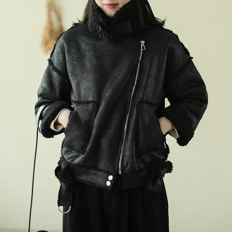 black fur Max LuLu зимние корейские модные женские Теплые Куртки из искусственной кожи Женские винтажные пальто из искусственной кожи на молнии утепленная Байкерская замшевая одежда - Цвет: black fur