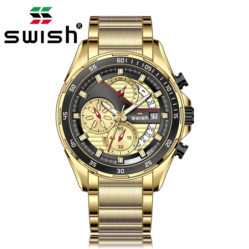 

2020 SWISH Fashion Mens Watches Stainless Steel Top Brand Luxury Sport Chronograph Quartz Watch Men Gold Watch Relogio Masculino