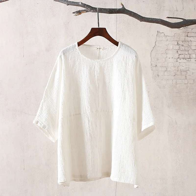 Хлопковая льняная блузка, летняя, короткий рукав, Повседневная рубашка, женские топы, свободный стиль, китайские топы, футболка, Teasim, одежда - Цвет: White