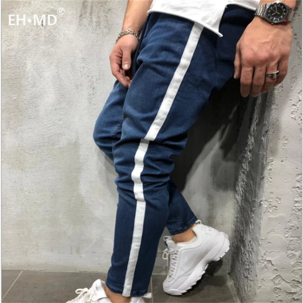 EH-MD®Джинсы с бусинами, мужские повседневные брюки, мягкая ткань, большой карман, одноцветные, модные, тонкие, новинка, трендовые, брендовые, черные