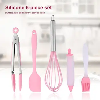 

5Pcs/Set Silicone Cooking Tool Egg Beater Spoon Spatula Oil Brush Pink Silicone Cooking Tools Sets For Kitchen Cooking Tools