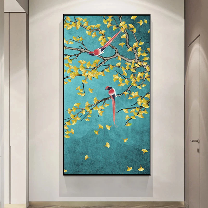 Картина в китайском стиле постер с изображением волшебных цветов и птиц