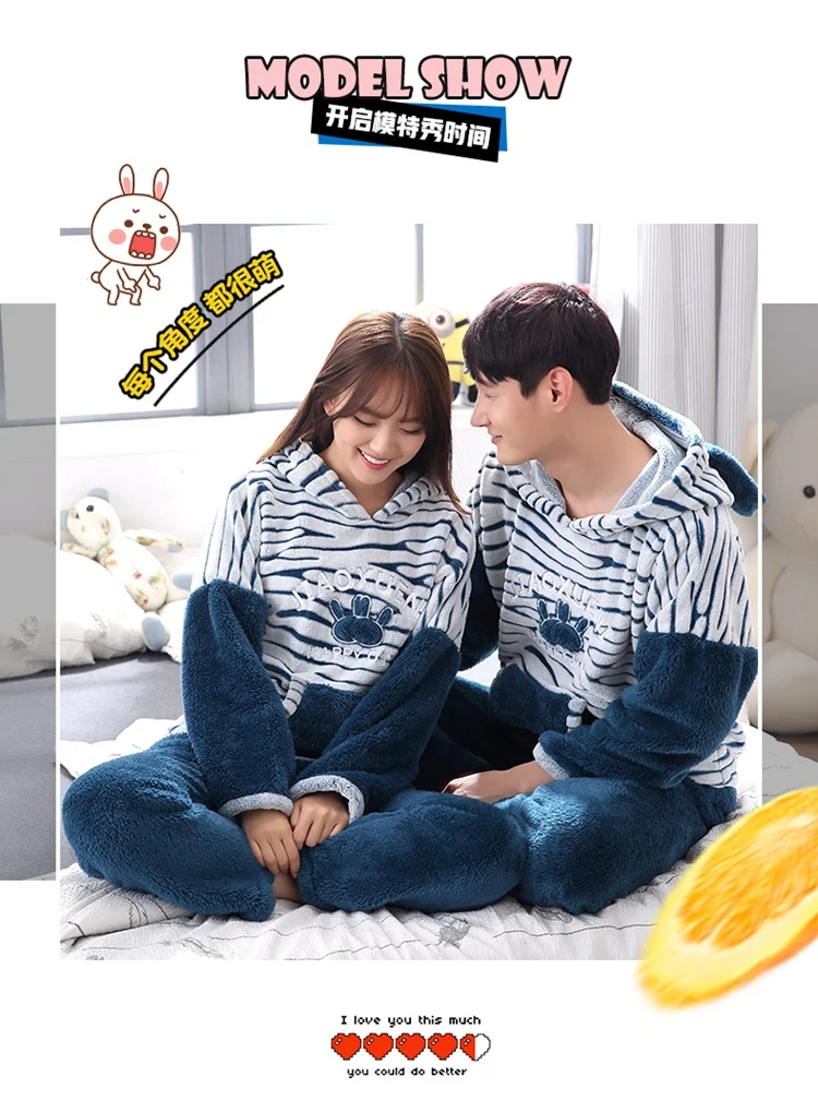 mens flannel pajamas set 2021 Winter Couple Long Sleeve Hooded Thick Warm Flannel Pajama Sets for Men Cute Cartoon Sleepwear Women Homewear Home Clothes mens pjs sale