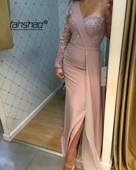 

One Shoulder Evening Dresses Sweetheart Long Sleeve Chiffon Appliques Slit Evening Dress Mermaid Prom Dress abendkleider