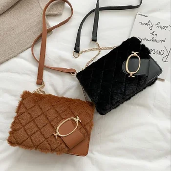 

Women New Fashion Plush Shoulder Bag Patchwork Messenger Bag Small Square Bags Small Crossbody Bags
