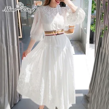 

MIAOQING Casual Embroidery Women Dresses O Neck Lantern Three Quarter Sleeve High Waist With Sashes Ruched Dress Female Tide