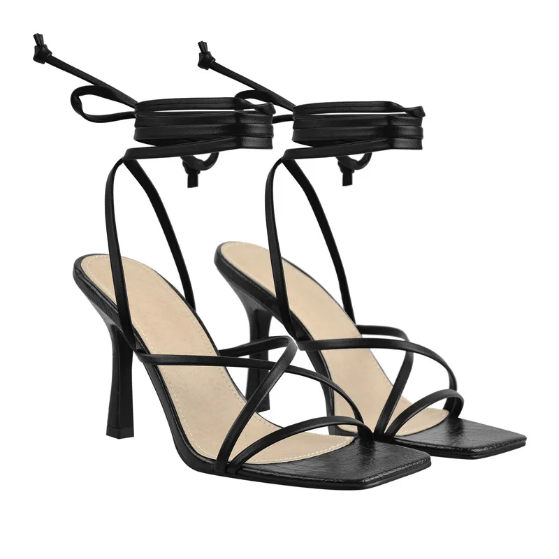 Onlymaker Women's Square Toe Black Beige Strap Stiletto Fashion Big Size Sandals