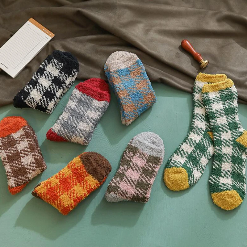 Модные клетчатые женские носки коралловые бархатные плотные носки Femme зимние забавные носки теплые домашние носки для сна Calcetines meias