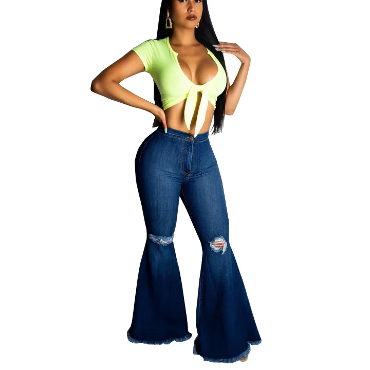 Fashion Denim Flare Pants Women Retro Ripped Jeans Wide Leg Trousers Lady Casual Bell-Bottoms Pant Female Summer Spring | Женская одежда