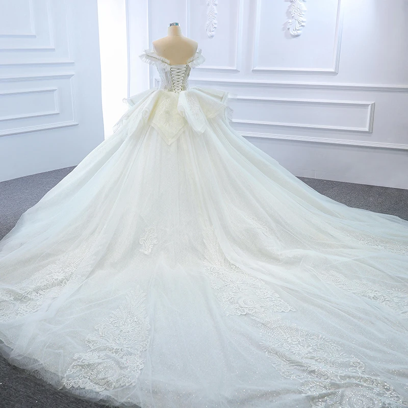 J67185 JANCEMBER White Wedding Dresses 2021 Sweetheart Ruffled Beaded Sequined Short Sleeves Ball Gowns 3