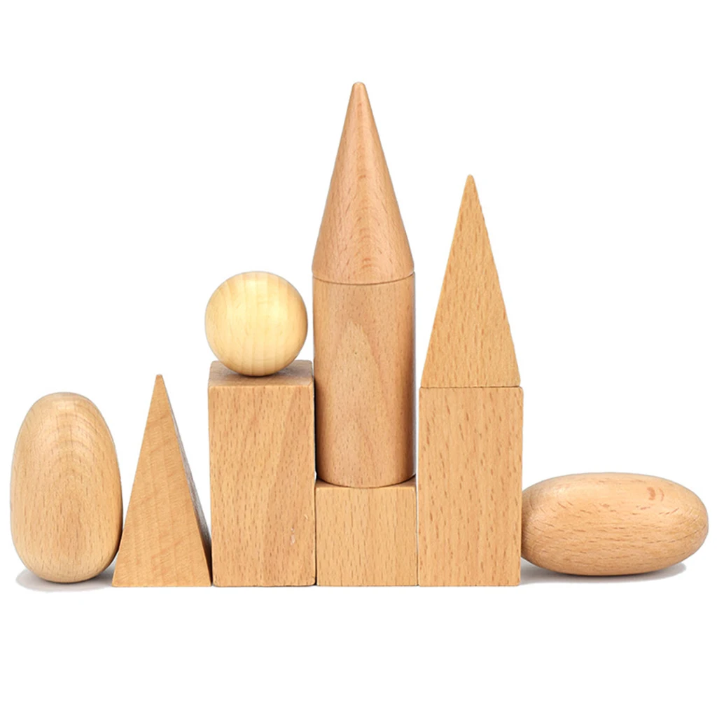 10pcs Wood Geometric Solid Blocks, 3D Shapes Learning Toy Gifts for Kids Toddlers 3 Year Old and Up