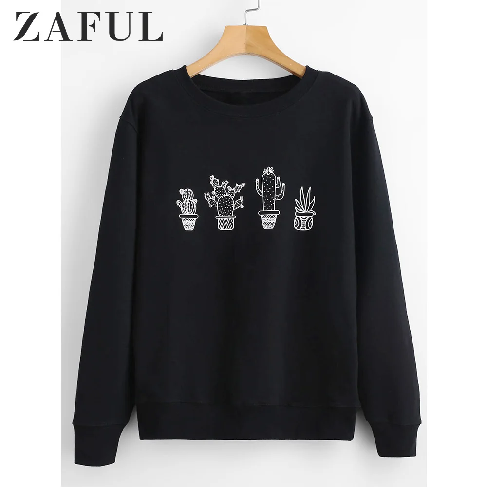 

ZAFUL Cactus Graphic Sweatshirt Women Plant Print Crew Neck Full Long Sleeve Solid Women Hoodies Kpop Streetwear Fall 2019