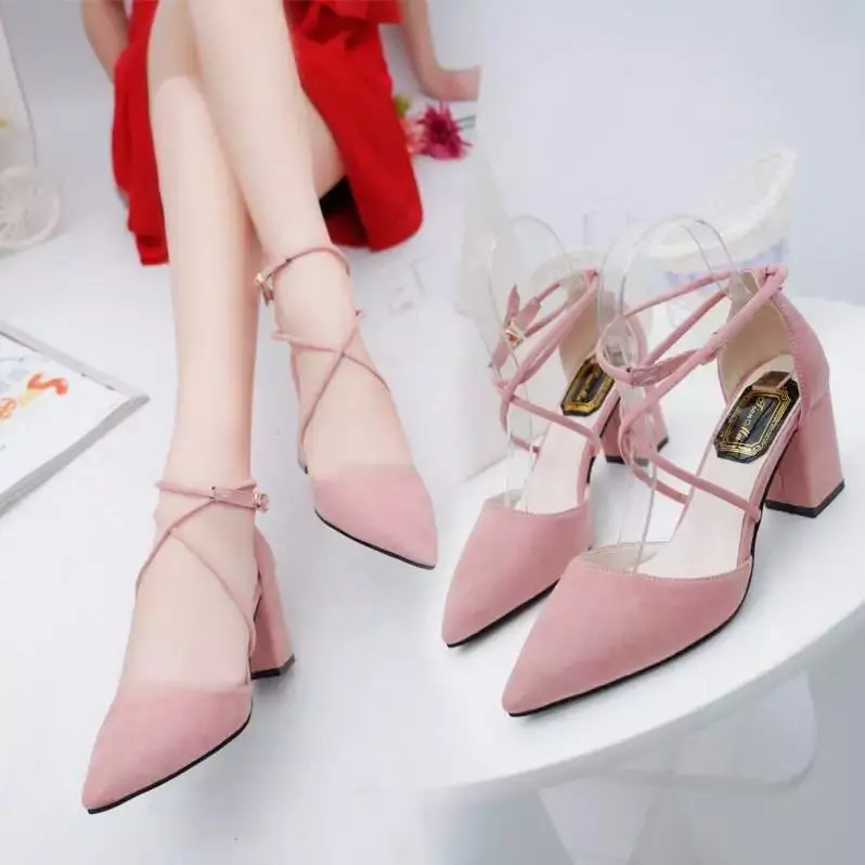 

Spring Summer Pointed-Toe Cross Ankle Ring Bandage Cloth Hallow Kitten Heels Casual Versatile Chunky-Heel WOMEN'S Shoes Sandals