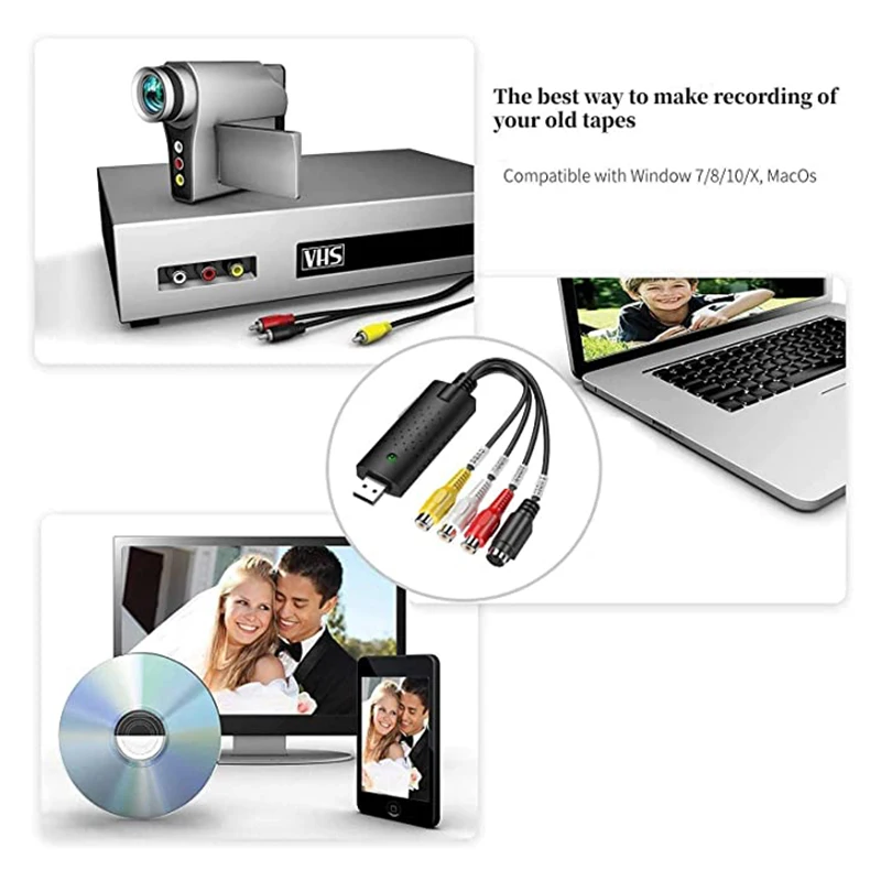 USB2.0 Video Capture Adapter VHS to USB Converter PC Adapter TV Audio Video Support Win 2000/Win Xp/Win Vista/Win 7/Win 8/Win 10