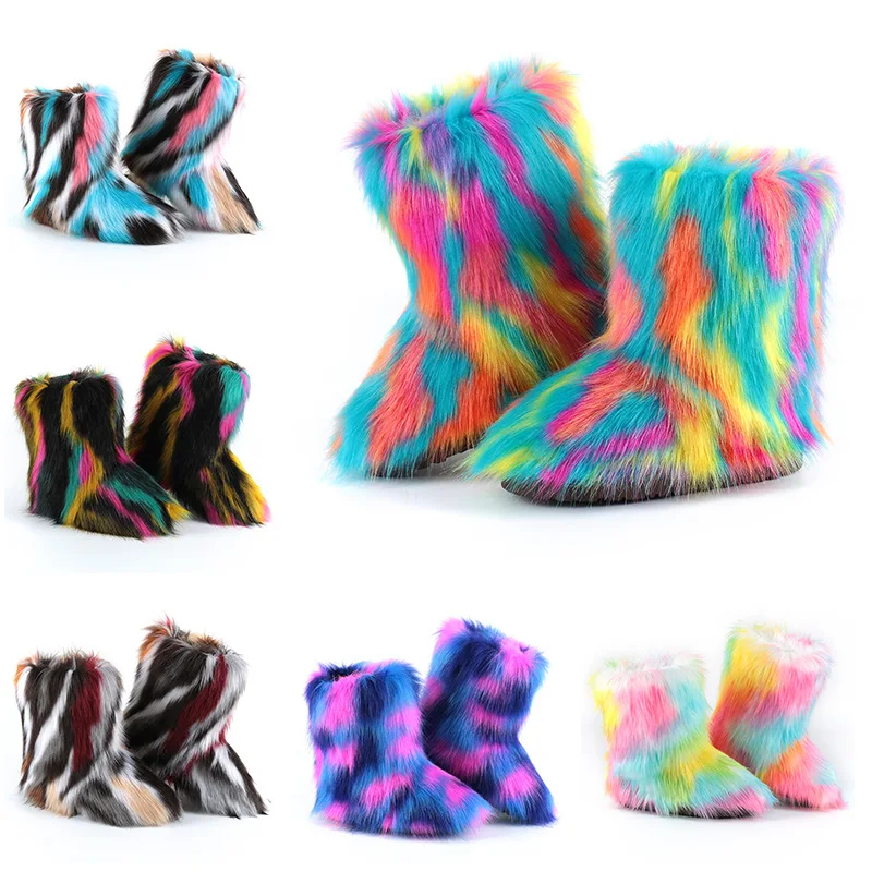 Womens Rainbow Colors Fur Ankle Mid Calf Boots Snow Furry Shoes Warm ...