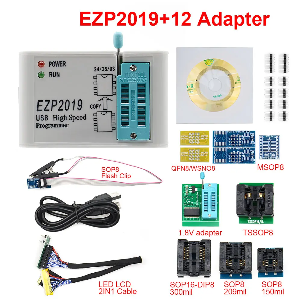 Новейшая версия EZP2019 высокоскоростной USB SPI программатор EZP Support24 25 93 EEPROM 25 флэш-чип биос полный набор с 12 адаптером - Цвет: EZP2019 with 12adapt