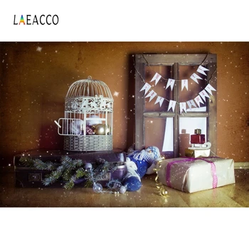

Laeacco Christmas Backdrops Window Suitcase Gifts Pine Branch Cage Photography Backgrounds New Year Party Photocall Photozone