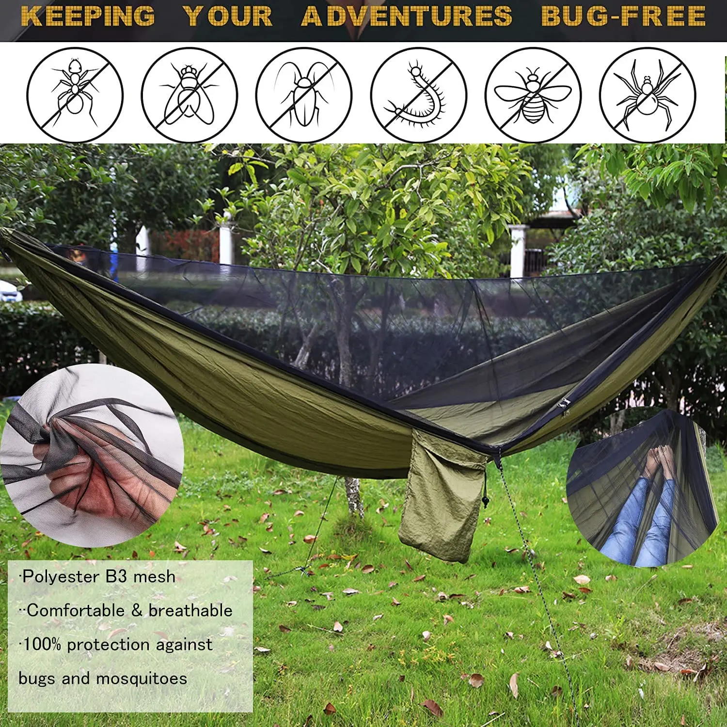 Camping Hammock Mosquito Net and Rain Fly Tarp Portable Tent Parachute Hammock with Tree Strap Indoor Outdoor Backpacking Travel