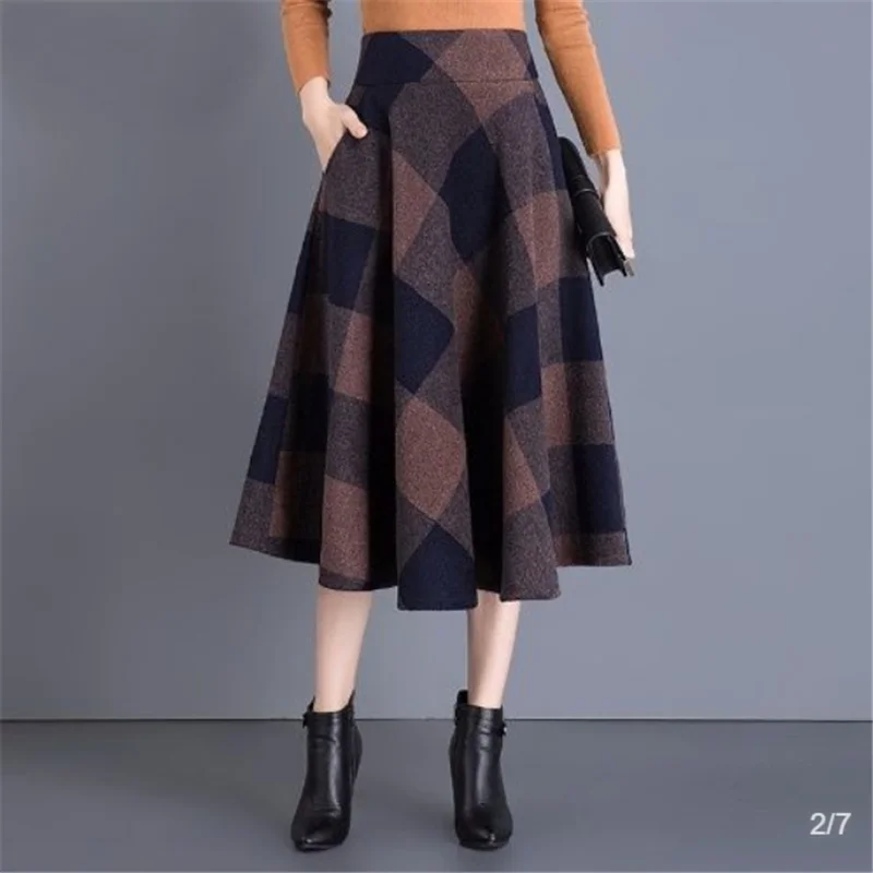 

Vintage Plus Size 4xl Woolen Midi Skits Women Elegant Autumn Winter Plaid Skirt Office Ladies Fashion Saias Wool Prints Skits