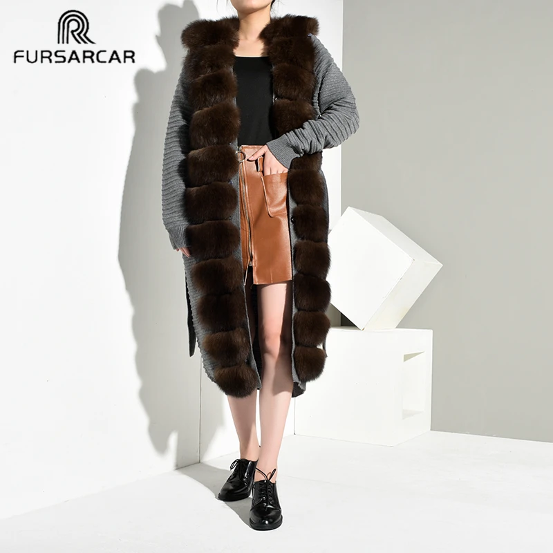 Женский шерстяной свитер FURSARCAR Длинная вязаная шуба из натурального меха с