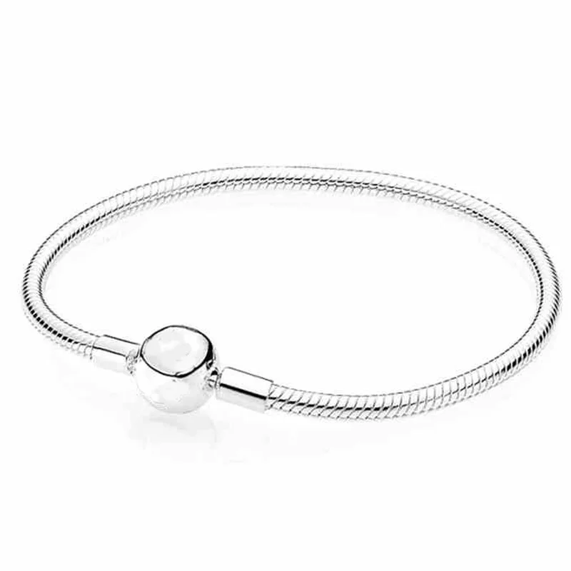 

New 925 Sterling Silver Bracelet Moments Smooth Ball Clasp Snake Chain Bracelet Bangle Fit Women Bead Charm Diy Fine Jewelry