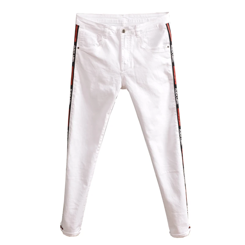 Fashion Mens Skinny Jeans Elastic White Streetwear Side Stripe Jean Pants for Cowboys Men PSMJ85