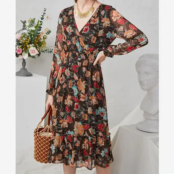 

Women's V-neck Silk Midi Dress Floral Print French 2020 Spring Summer New Lady Long Dress