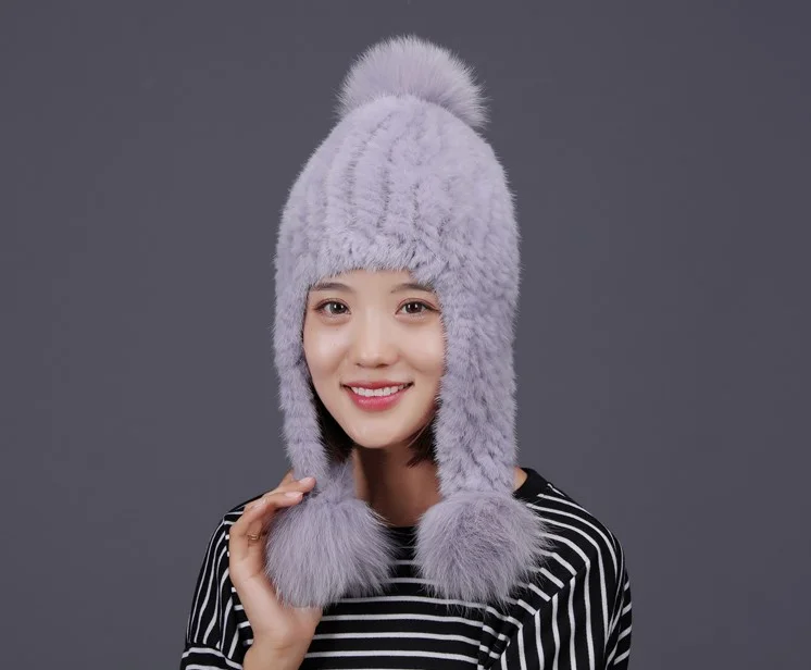 Light blue Женские вязаные шапки из меха норки, наушники с мехом лисы, роскошные Осенние Теплые женские шапки в полоску с натуральным ананасом, зимняя шапка - Цвет: Light blue
