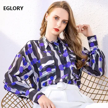 

100%Silk Blouse Shirts 2020 Spring Summer Casual Blouses Women Turn-down Collar Chest Pockets Striped Print Long Sleeve Shirts