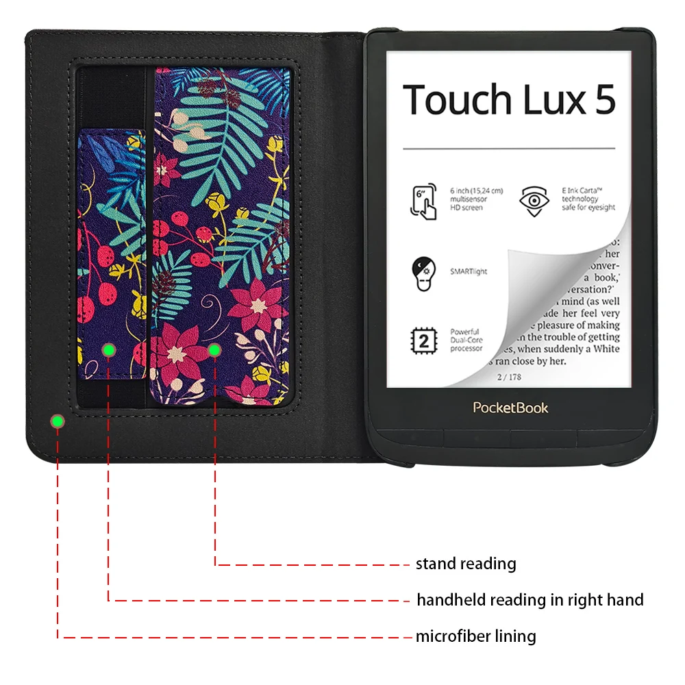 Stand Case for Pocketbook Color/Tonch HD 3/Touch Lux 5/4/Basic Lux 2 (PB606/616/627/628/632/633) with Sleep/Wake / Hand Strap tablet stands