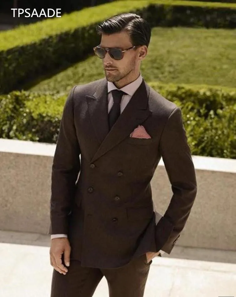

2020 Double Breasted Brown Wedding Suits 2 Pieces Mens Suits Slim Fit (Jacket+Pants) Groom Tuxedos Groomsman Suits Business Suit