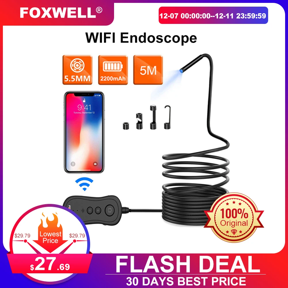 Foxwell WIFI эндоскоп Инспекционная камера 1080P HD Водонепроницаемая беспроводная 5 мм