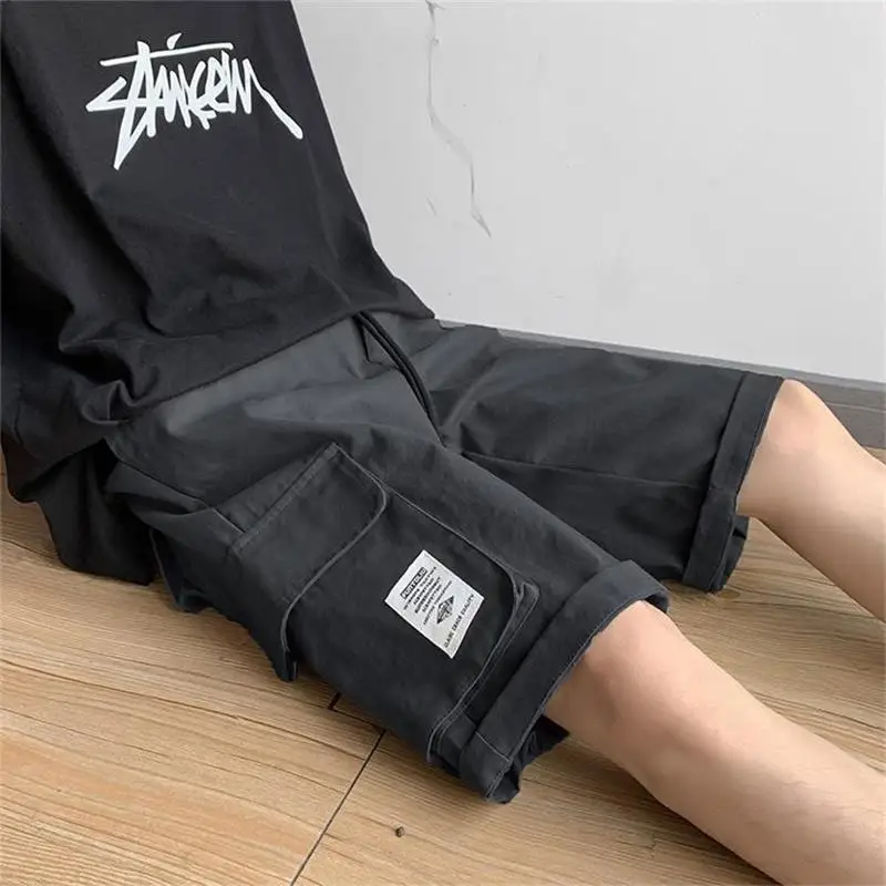 Male Plus Size Cargo Pants Summer Cotton Men's Loose Work Casual Outdoor Multi Pocket Hot Breeches Lace-Up Sweatpants Shorts black casual shorts