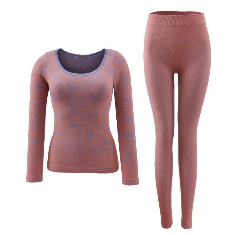 Women's long inner thermal underwear set slim elastic round neck fashion pattern women's thin body shaping bottoming set