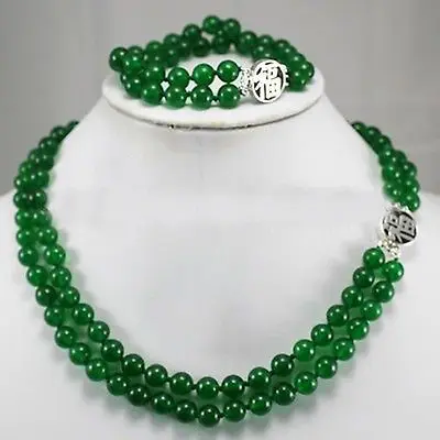 DYY FREE SHIPPING&gt&gt@&gt Jewelry 2 Rows 8mm Green Jade Necklace Bracelet Set &gt&gt18K GP Plated gold Bridal wide watch wings queen JEW |