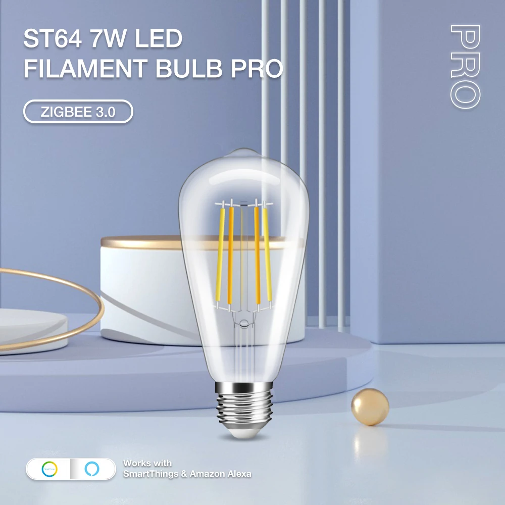 Zigbee 3.0 Smart Vintage Style St64 7 W Pro Led Lampadina A Filamento E27 Funziona Con Philips 、 Smartthings Echo Plus