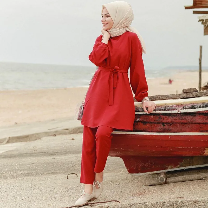 

Abaya Kaftan Inba Women's Set Solid Color Elastic Cuff Tops Pants Two-Piece Set Muslim Saudi Arabia Women's Set Islamic Clothing