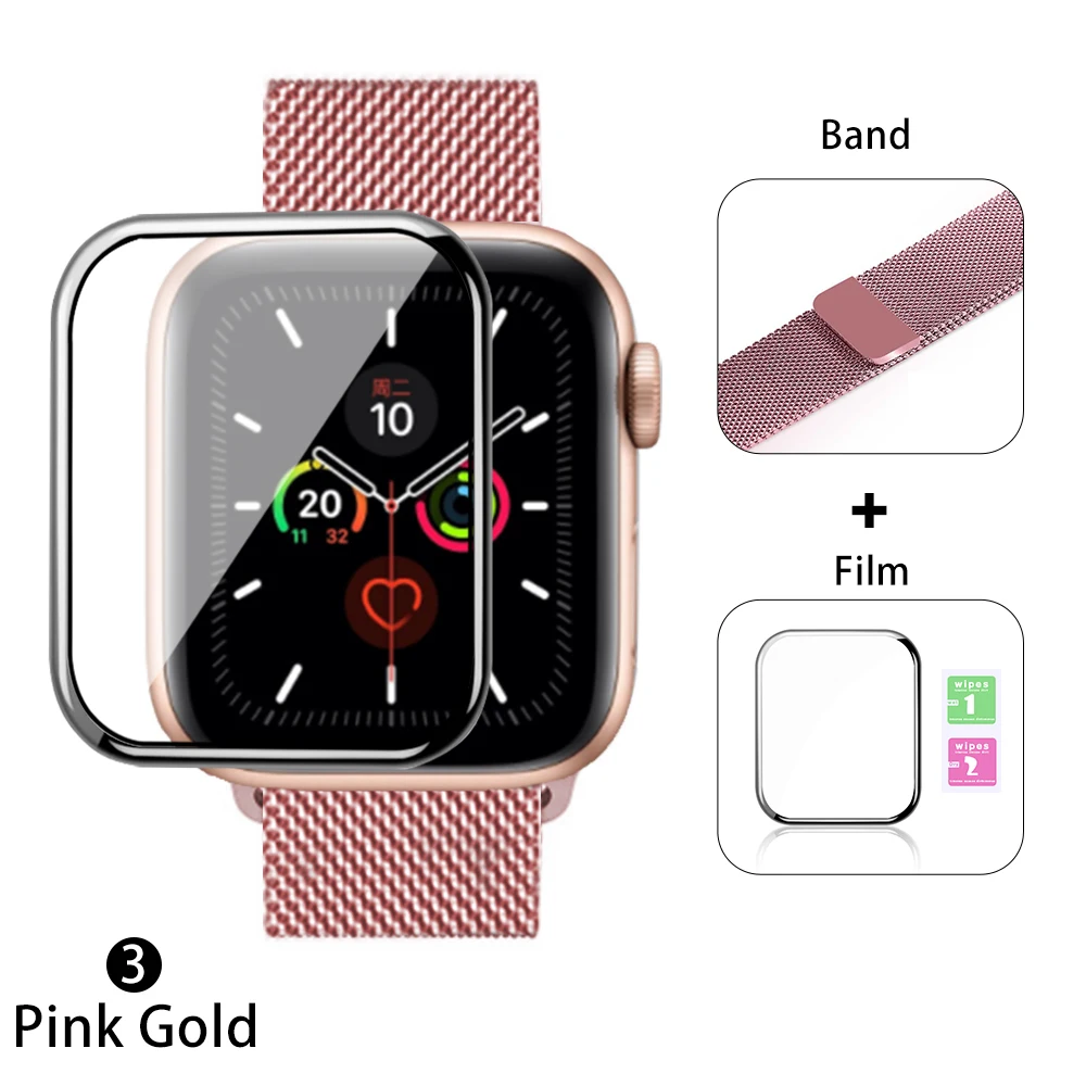 Миланская петля для Apple watch 42 мм 38 мм 40 мм 44 мм браслет ремешок+ Защитная пленка магнитная пряжка для iwatch серии 5 432 - Цвет ремешка: Pink gold