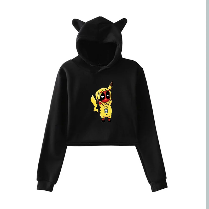 Толстовка в стиле Харадзюку, уличная одежда, укороченный топ с капюшоном для девочек-подростков, розовая одежда Пикачу, Женский пуловер, одежда с длинными рукавами, топы - Цвет: 902-7