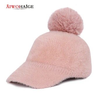 

2020 New Fashion Lady Mohair Winter Hat Women Pompom Casual Knit Beanie Warm Berets women's Baseball Cap Wool Visor Bonnet Soft
